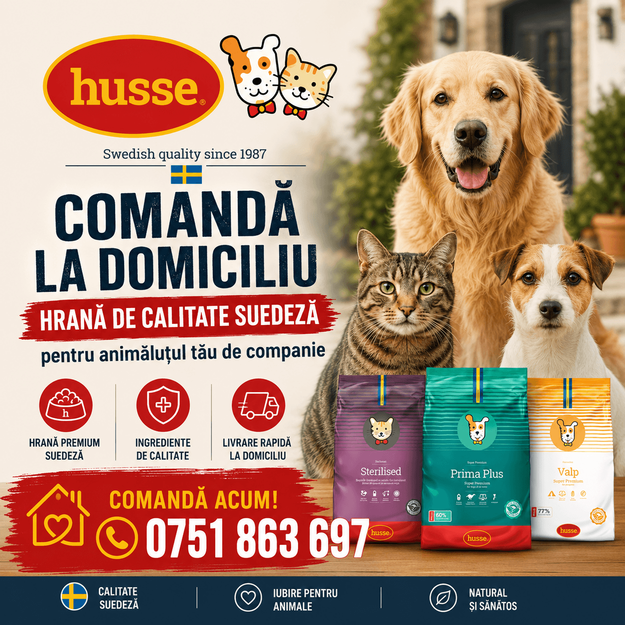 Mâncare suedeză Super Premium, personalizată câinelui sau pisicii tale - Husse Roman